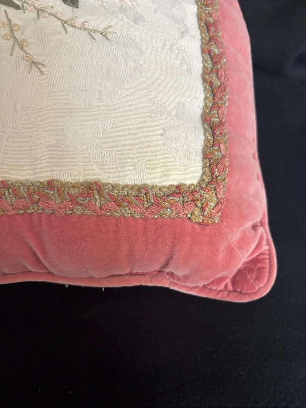Vintage Velvet Rose Decorative Pillow - Soft Pink, Green, Cream Embroidery